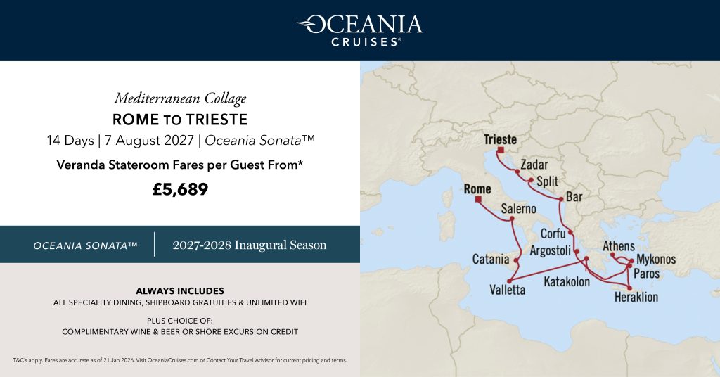 Cruise ID: OCEANIASON270807
Oceania Cruises
Oceania Sonata
14 nights
Departure Port
Civitavecchia
Destination
Trieste
Departure Date
07 Aug 27