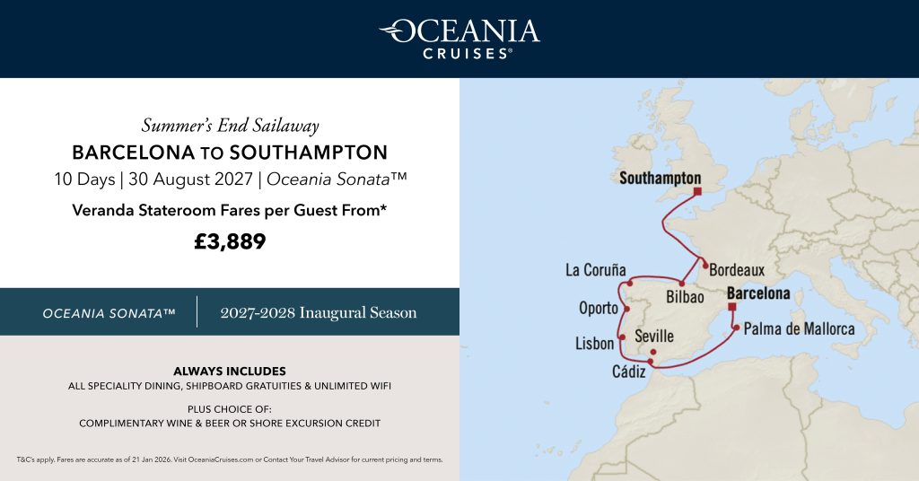 Cruise ID
OCEANIASON270830
Cruise Line
Oceania Cruises
Cruise Type
Ocean
Ship
Oceania Sonata
Duration
10 nights
Departure Port
Barcelona
Destination
Southampton
Departure Date
30 Aug 27