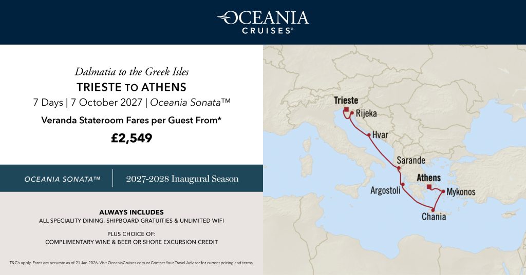 Cruise ID
OCEANIASON271007
Cruise Line
Oceania Cruises
Cruise Type
Ocean
Ship
Oceania Sonata
Duration
7 nights
Departure Port
Trieste
Destination
Piraeus
Departure Date
07 Oct 27