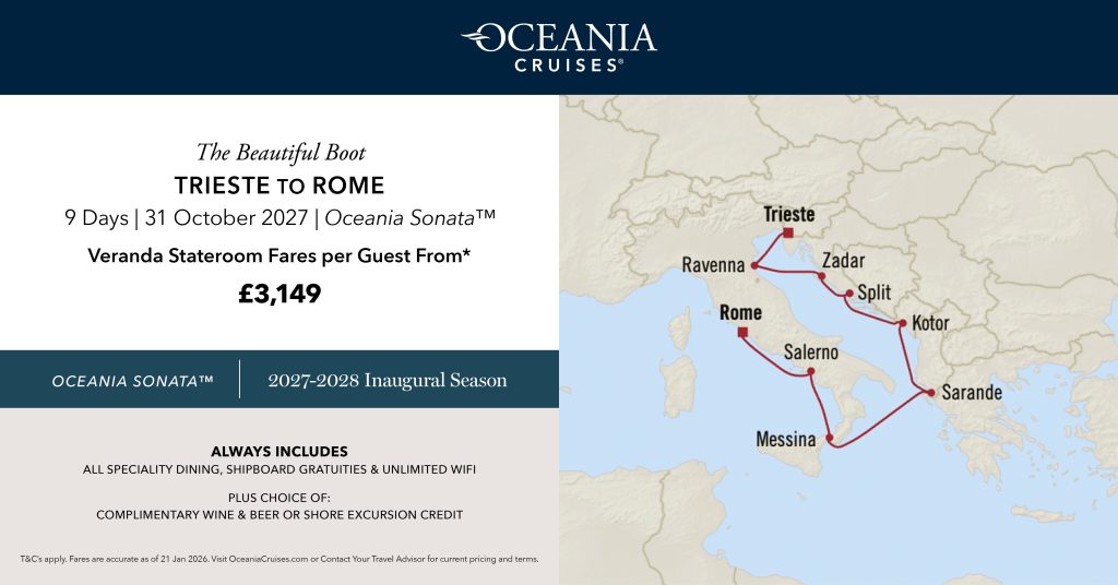 Cruise ID
OCEANIASON271031
Cruise Line
Oceania Cruises
Cruise Type
Ocean
Ship
Oceania Sonata
Duration
9 nights
Departure Port
Trieste
Destination
Civitavecchia
Departure Date
31 Oct 27