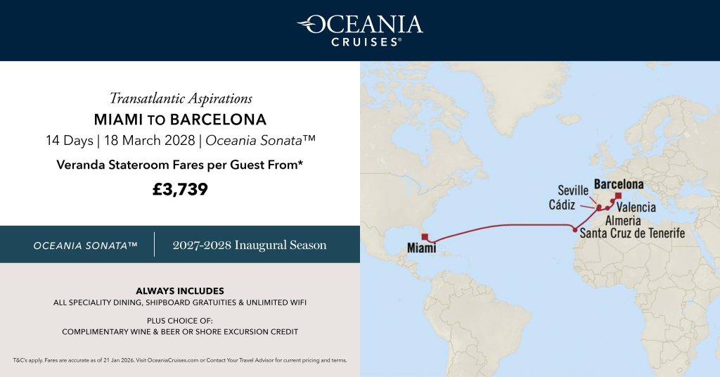 Cruise ID
OCEANIASON280318
Cruise Line
Oceania Cruises
Cruise Type
Ocean
Ship
Oceania Sonata
Duration
14 nights
Departure Port
Miami, Florida
Destination
Barcelona
Departure Date
18 Mar 28