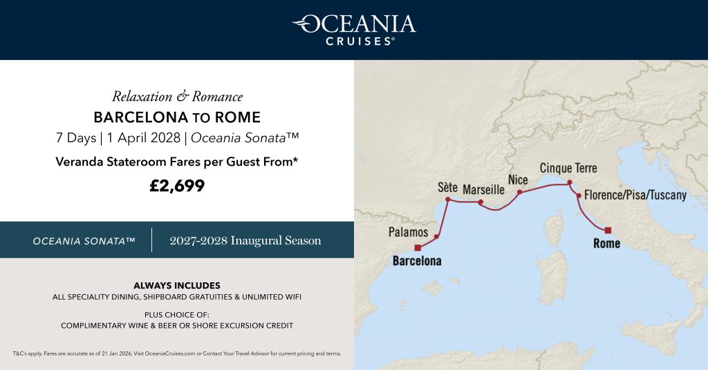 Cruise ID
OCEANIASON280401
Cruise Line
Oceania Cruises
Cruise Type
Ocean
Ship
Oceania Sonata
Duration
7 nights
Departure Port
Barcelona
Destination
Civitavecchia
Departure Date
01 Apr 28