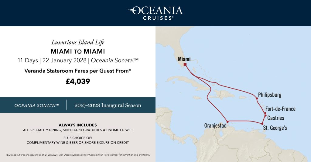 Cruise ID
OCEANIASON280122
Cruise Line
Oceania Cruises
Cruise Type
Ocean
Ship
Oceania Sonata
Duration
11 nights
Departure Port
Miami, Florida
Destination
Miami, Florida
Departure Date
22 Jan 28
