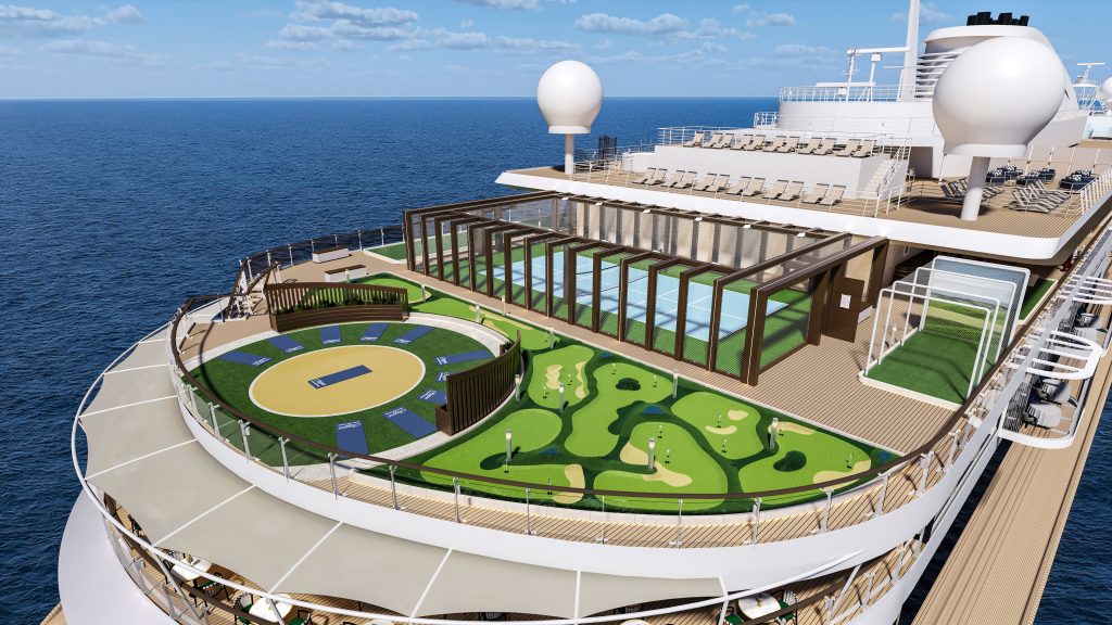 Padel and pickleball court, 18-hole putting green and a sunrise and sunset yoga area all feature on the Solara Sports Deck